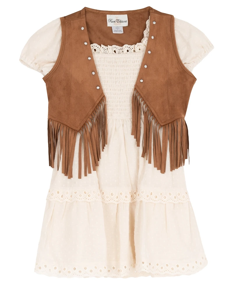 Rare Editions Girls' 4T-6X Suede Fringe Vest and Clip Dot Cotton Puff Sleeve Dress, 2-Piece Set