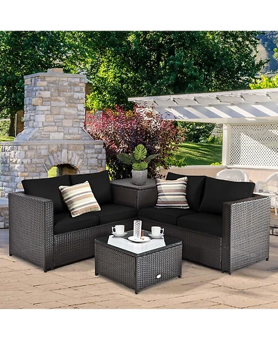 Costway 4 Piece Outdoor Patio Rattan Furniture Set Cushioned Loveseat Storage Table