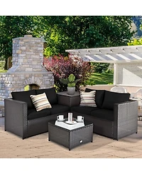 Costway 4 Piece Outdoor Patio Rattan Furniture Set Cushioned Loveseat Storage Table
