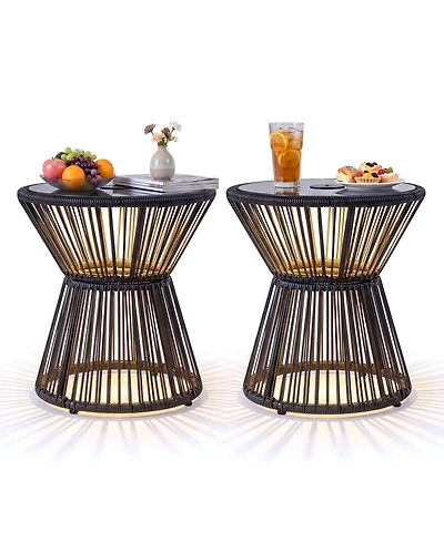 Gymax 2 piece Outdoor Side Table With Led Warm Light Pe Rattan Hourglass-Shaped End Table