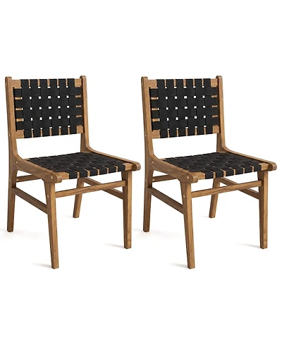 Gymax 2 Pieces Solid Teak Hand-Woven Strap Outdoor Dining Chairs with Flex Support for Garden