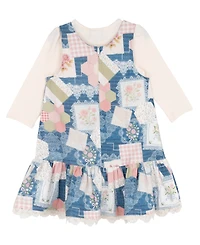 Rare Editions Girls' 2T-6X Long-Sleeve knit top and Patchwork Digital Print Jumper, 2-Piece Set