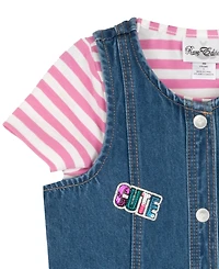 Rare Editions Girls' 2T-6X Striped T-Shirt and Patch Denim Jumper, 2-Piece Set