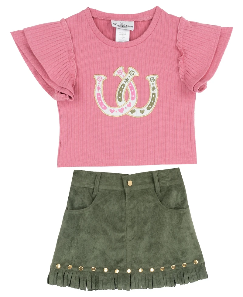 Rare Editions Girls' 2T-6X Applique Knit Top and Suede Fringe Skirt, 2-Piece Set