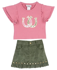 Rare Editions Girls' 2T-6X Applique Knit Top and Suede Fringe Skirt, 2-Piece Set