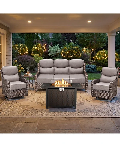 Pocassy Luxury Patio Furniture Set with 6-inch Thick Cushion, Outdoor Fire Pit Table, Swivel Chairs, Side Sofa