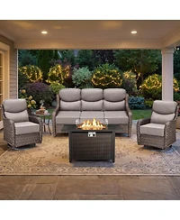 Pocassy Luxury Patio Furniture Set with 6-inch Thick Cushion, Outdoor Fire Pit Table, Swivel Chairs, Side Sofa