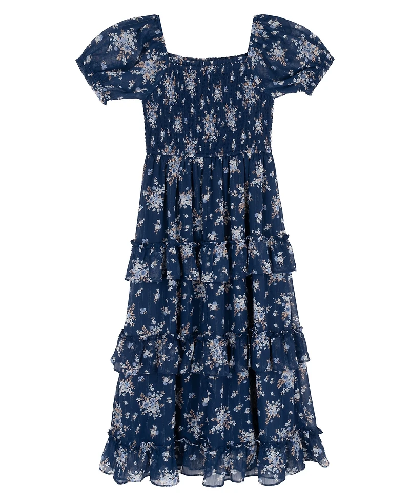 Rare Editions Girls' 7-16 Printed Lurex Chiffon Puff Sleeve Tiered Midi Dress
