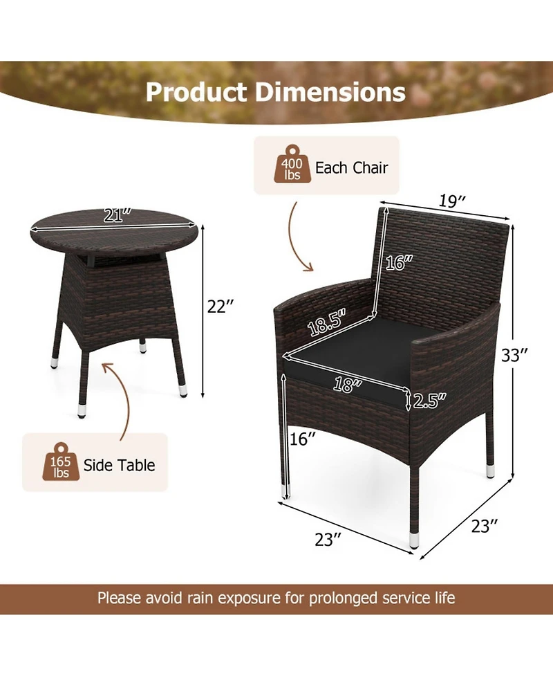 Sugift 3 Piece Patio Furniture Bistro Set for Porch with Woven Rattan Cushions