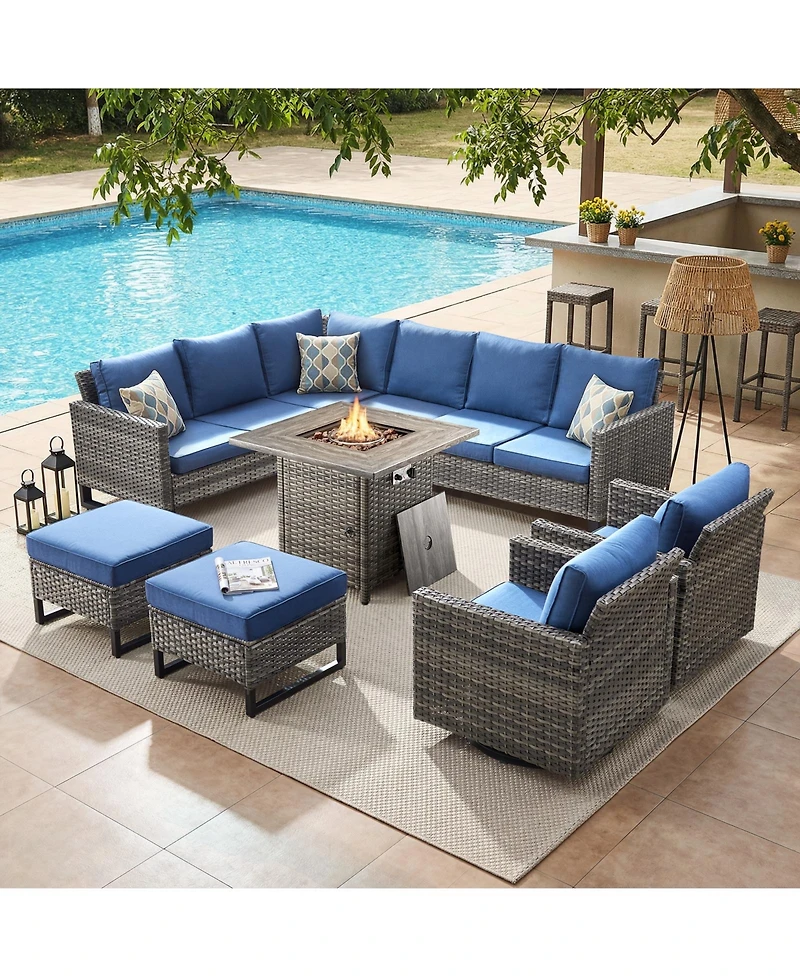 Pocassy 8 Pieces Outdoor Patio Furniture Set with Propane Gas Fire Pit Table, Sectional Sofa Pe Rattan Wicker Conversation Sets