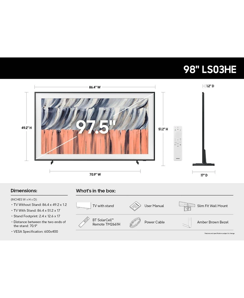 Samsung QN98LS03HEFXZA 98" The Frame Qled 4K Smart Tizen Tv with Vision Ai (2026)