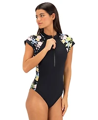 Hurley Women's Front Zipper Moderate Coverage One-Piece Swimsuit