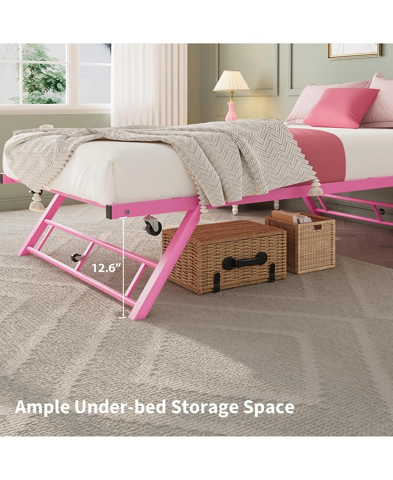 homfan Twin Sturdy Metal Pop Up Trundle Bed Frame Stand Up Design, Lockable Casters, Strong Steel Slats, Noise Free, Easy Assembly