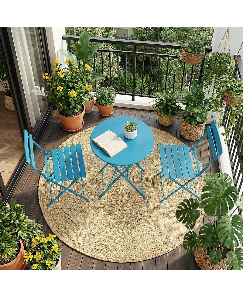 GarveeLife Space Saving 3 Piece Folding Bistro Set, Blue Steel Patio Table and Chairs for Balcony or Garden