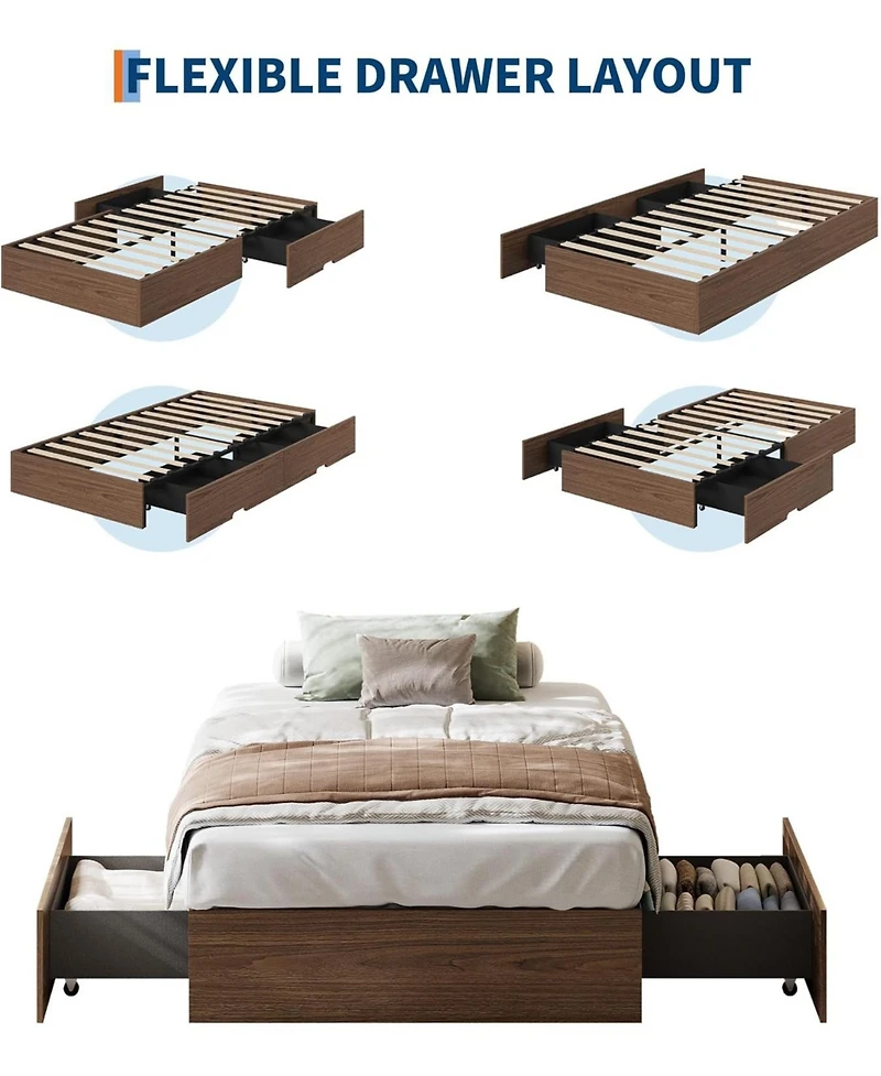 gaomon Wood Platform Bed Frame with 2 Storage Drawers, Wooden Bed Frame Without Headboard, Wood Slat Support, No Box Spring Needed