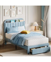 homfan 2 Pieces Twin Bed Frame, Upholstered Platform with Large Storage Drawer and Bookcase Headboard, Velvet Upholstered, Noise-Free, Easy Assembly