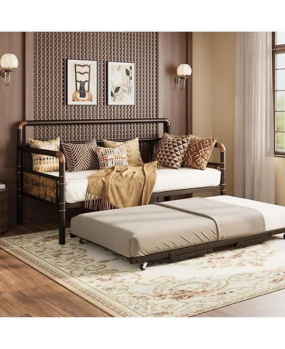 homfan Daybed with Trundle Bed, Twin Bed Frame with Steel Slats, Sofa BedFrame with Strong Supports for Living Room, Bedroom