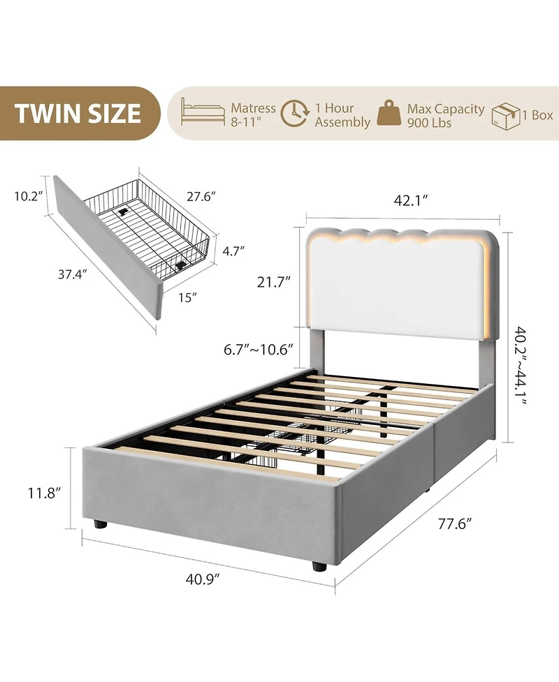 homfan Twin Velvet Led Bed Frame, Princess Platform Bed with Storage Drawer and Adjustable Headboard for Kids Room