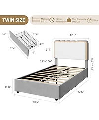 homfan Twin Velvet Led Bed Frame, Princess Platform Bed with Storage Drawer and Adjustable Headboard for Kids Room