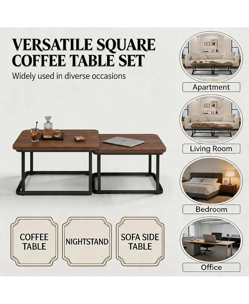 homfan Coffee Table Set of 2, Square Small Tables for Living Room, Bedroom, Balcony, Space Saving Mid Century Modern Nesting