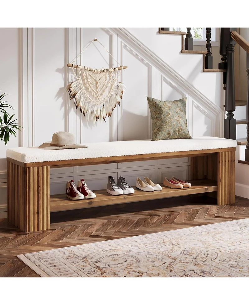 Tribesigns 63" Solid Wood Dining Bench, Farmhouse Upholstered End of Bed Bench with Removable Faux Lambswool Cushion,Indoor Long Entryway Bench