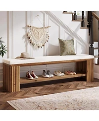 Tribesigns 63" Solid Wood Dining Bench, Farmhouse Upholstered End of Bed Bench with Removable Faux Lambswool Cushion,Indoor Long Entryway Bench