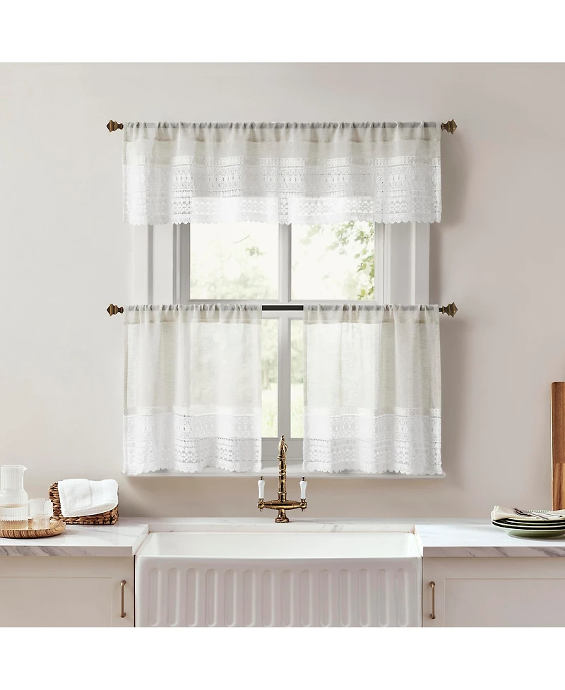 No. 918 Camille Macrame Lace Trim Sheer Rod Pocket Kitchen Curtain Tier Pair