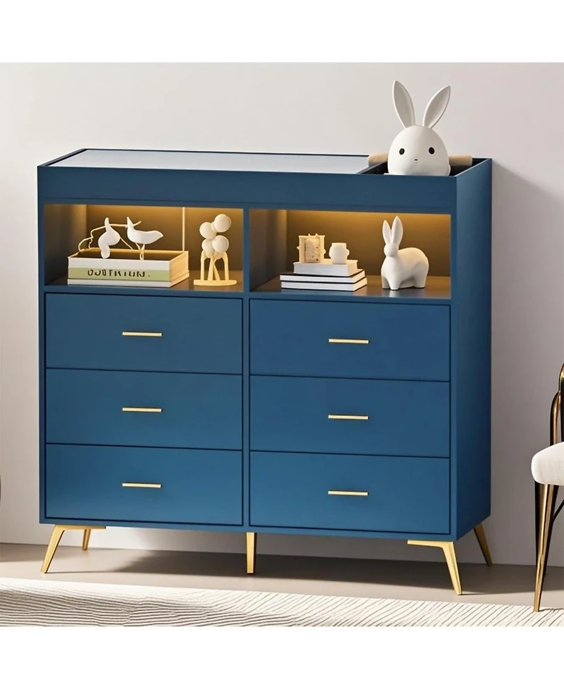 gaomon Baby Changing Table Dresser with 6 Drawers, Led Light, Charging Station and Power Outlet, Nursery Storage Organizer Pad