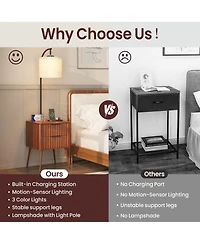 Vlsrka Nightstand with Fisherman s Lamp, Human Sensor Light and Charging Station