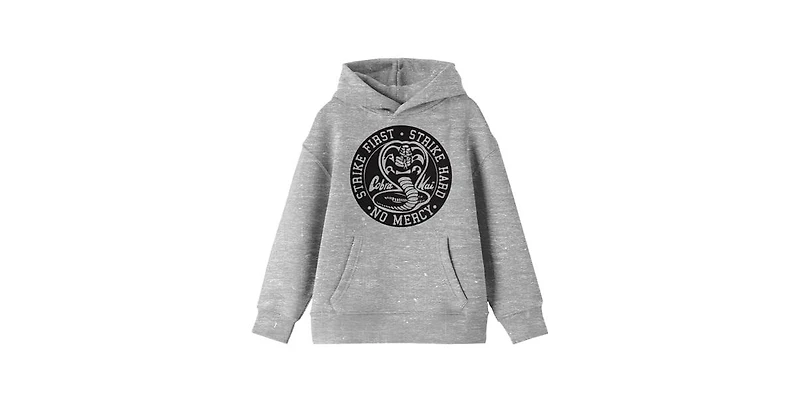 Cobra Kai Boys Strike First Hard Black Seal Long Sleeve Athletic Heather Youth Hooded Sweatshirt-xxl