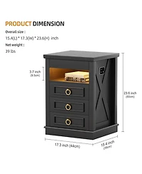Vlsrka 3-Drawer Nightstand with Hidden Storage, Modern Bedside Table Charging Station and Led Light, Bedroom End Spacious Drawers
