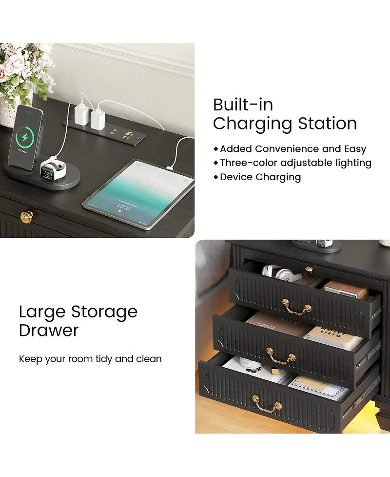 Vlsrka 25.6" Solid Wood Nightstand with 4 Drawers, Charging Station and Led Light