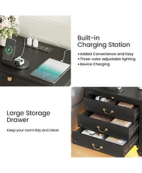 Vlsrka 25.6" Solid Wood Nightstand with 4 Drawers, Charging Station and Led Light