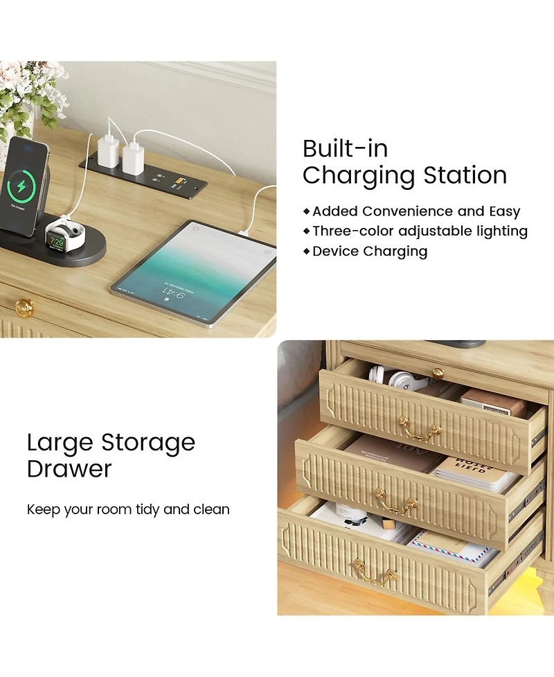 Vlsrka 25.6" Solid Wood Nightstand with 4 Drawers, Charging Station and Led Light