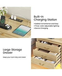 Vlsrka 25.6" Solid Wood Nightstand with 4 Drawers, Charging Station and Led Light