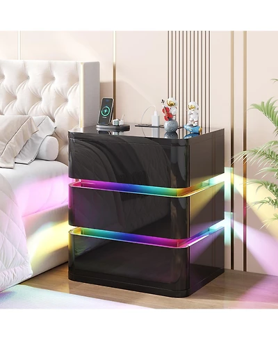 Vlsrka 3 Drawer Nightstand With Charging Station And Motion Sensor Rgb Light No Assembly Required)