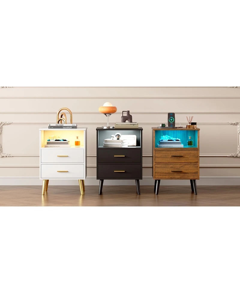 Vlsrka 25.6'' H Nightstand with Hidden Drawer, Charging Station, Usb Ports and Sensor Led Lights, Modern Bedside Table for Bedroom