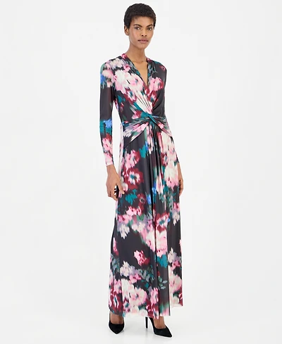Anne Klein Women's Twist Front Maxi Floral Long-Sleeve A-Line Dress