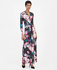 Anne Klein Women's Twist Front Maxi Floral Long-Sleeve A-Line Dress