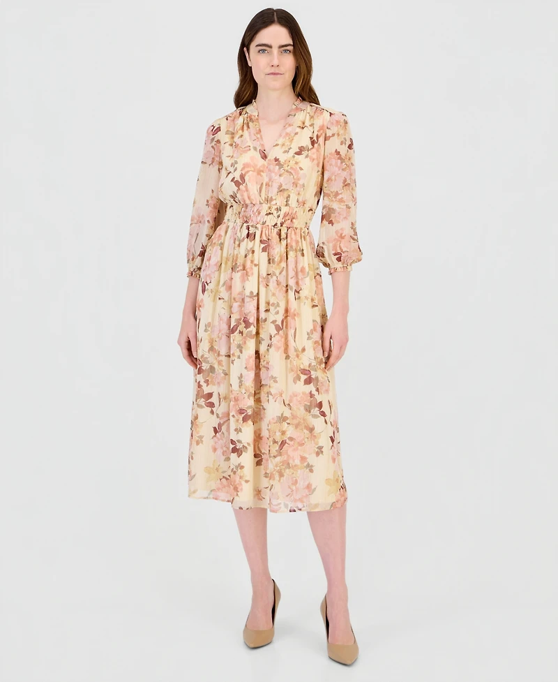 Anne Klein Women's Floral Smocked Waist Ruffle-Trim Midi Dress