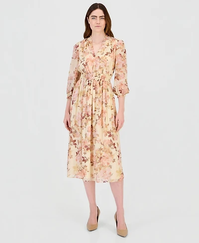 Anne Klein Women's Floral Smocked Waist Ruffle-Trim Midi Dress