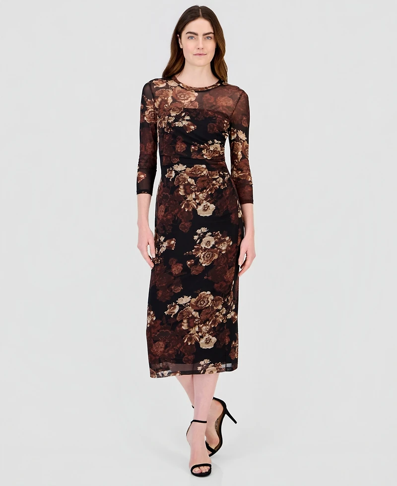 Anne Klein Women's Floral-Print Mesh Side-Ruched Midi Dress