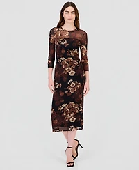 Anne Klein Women's Floral-Print Mesh Side-Ruched Midi Dress
