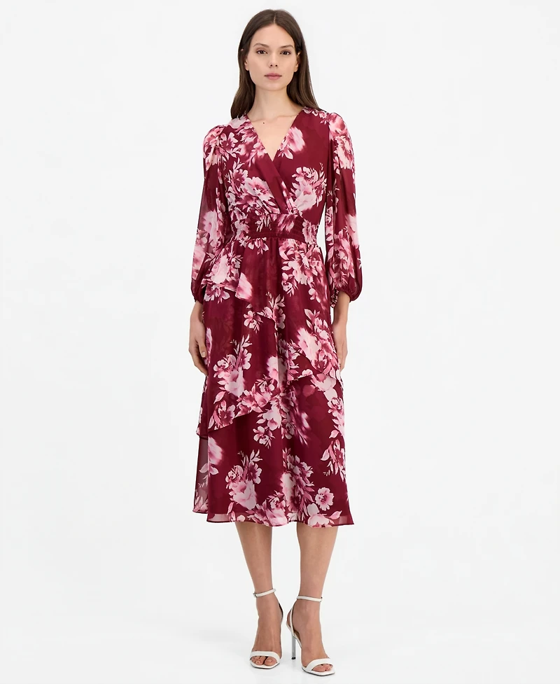 Anne Klein Women's Floral-Print Tiered Long-Sleeve Midi Dress