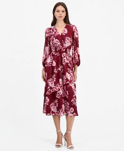 Anne Klein Women's Floral-Print Tiered Long-Sleeve Midi Dress