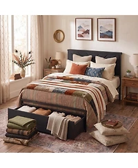 Modern Upholstered Platform Bed with 2 Storage Drawers and Built-In Power Outlet, Heavy-Duty Steel Slats, No Box Spring Needed