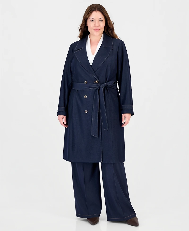 Tahari Plus Denim Double-Breasted Long Trench