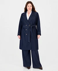 Tahari Plus Denim Double-Breasted Long Trench