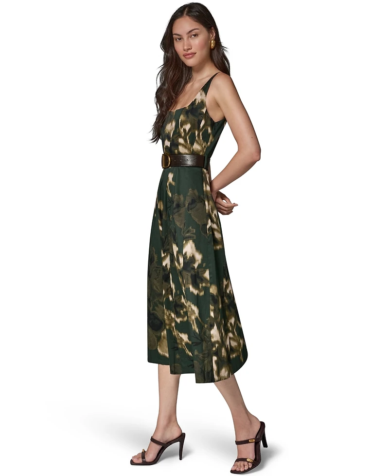 Donna Karan New York Women's Printed Square Neck Pleated Fit and Flare Dress with Belt