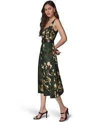Donna Karan New York Women's Printed Square Neck Pleated Fit and Flare Dress with Belt